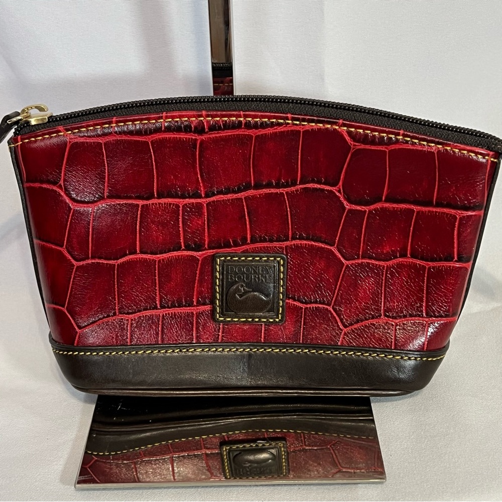 Dooney & Bourke Red Croc-Embossed Cosmetic Pouch with Brown Trim